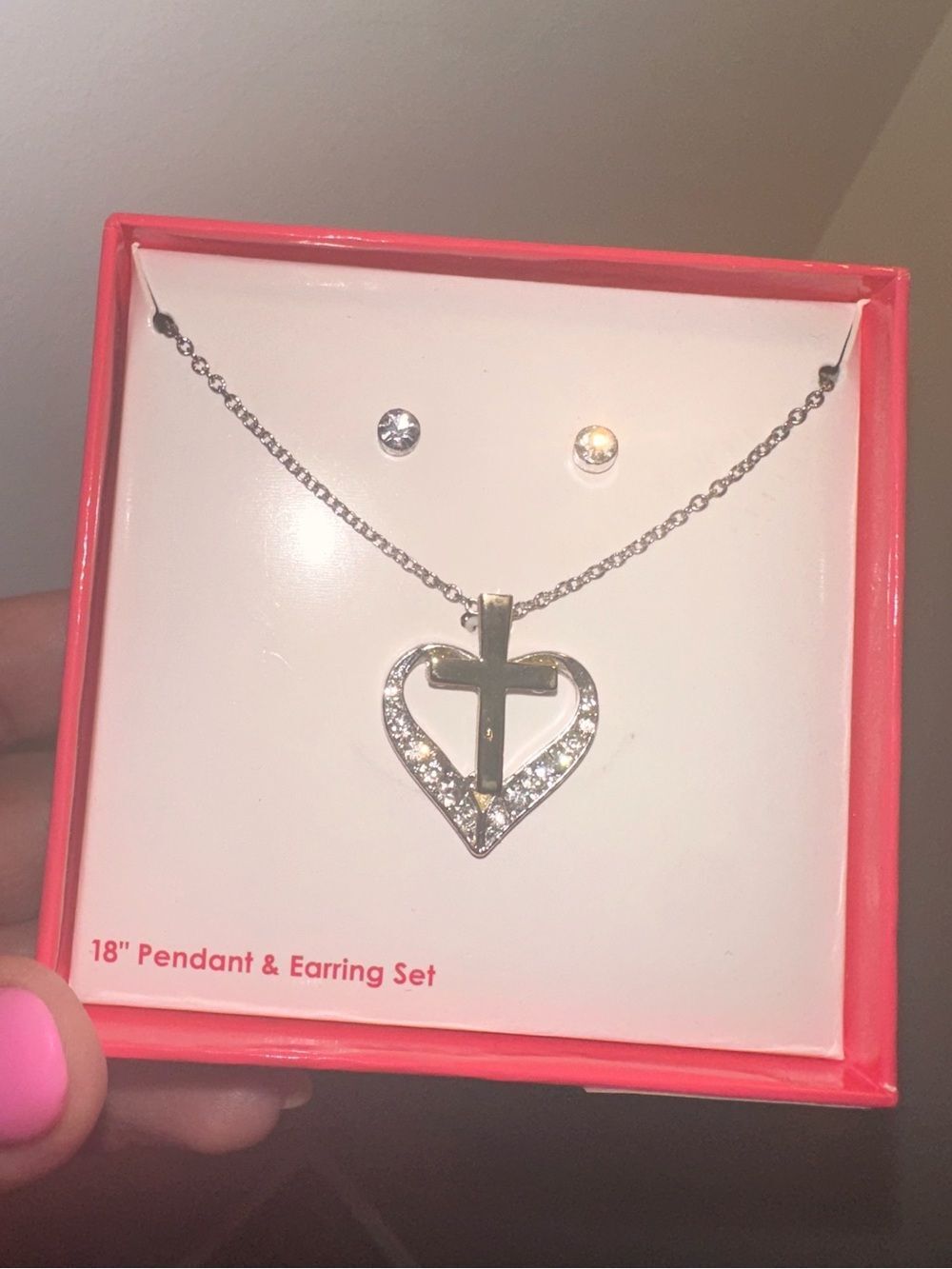 Silver Heart & Cross Pendant Necklace with Stud Earrings - Silver
